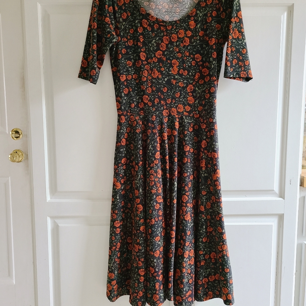 LulaRoe Black Rust Orange Allover Floral Dress S